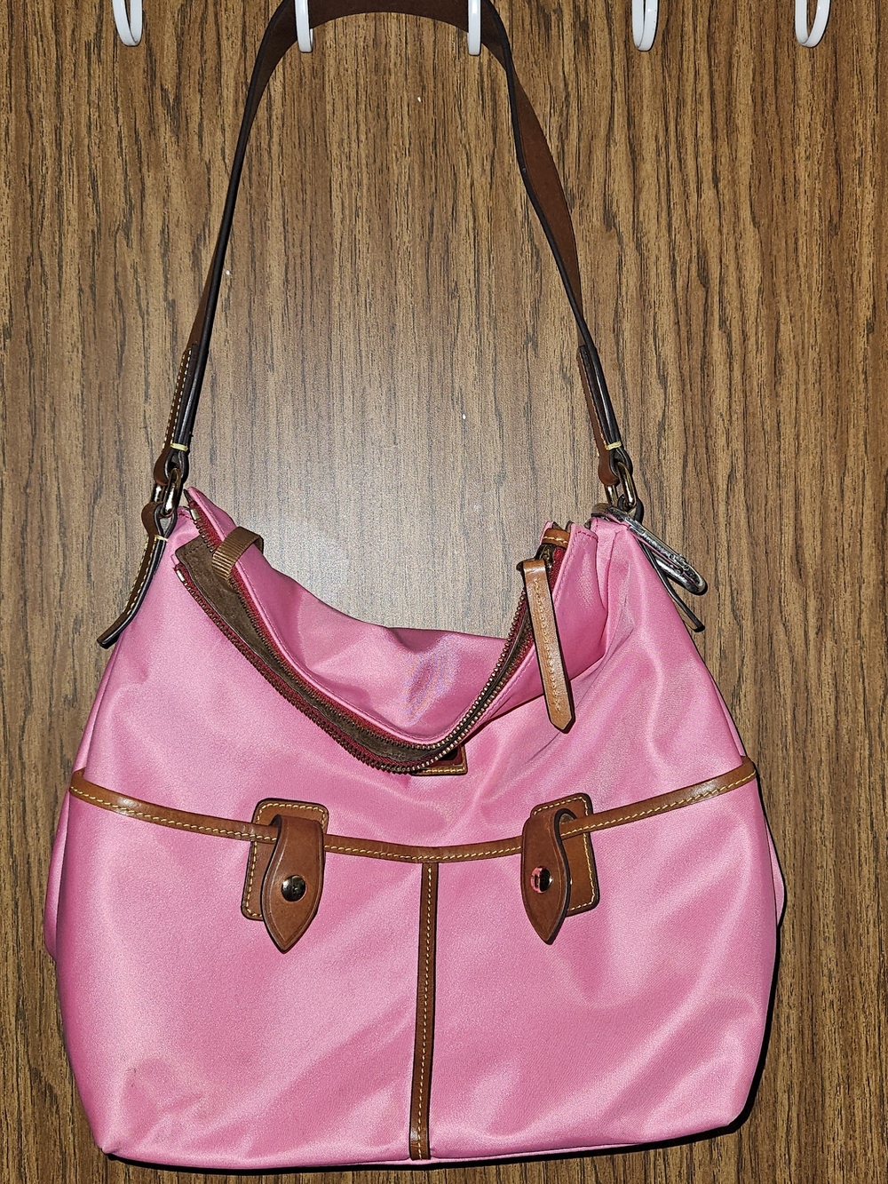Dooney And Bourke Pink Nylon Shoulder Bag - Brown Trim